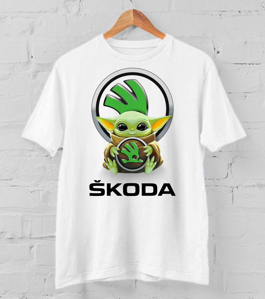 Grogu With Škoda Emblem Hugging Icon With White Background T-Shirt