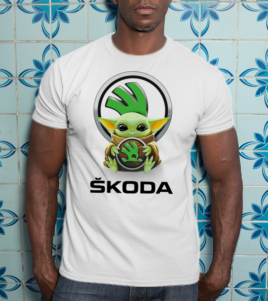 Grogu With Škoda Emblem Hugging Icon With White Background T-Shirt
