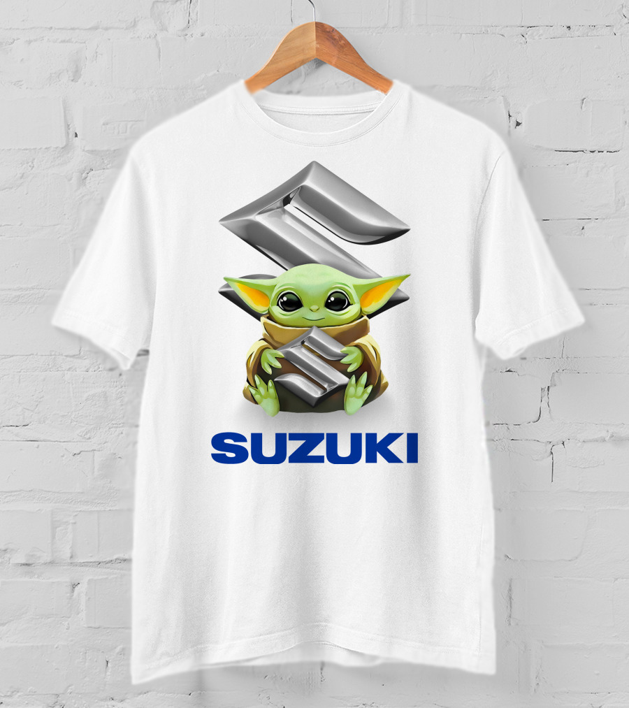 Grogu Hugging Suzuki Logo With Silver Emblem And Brown Cloak T-Shirt