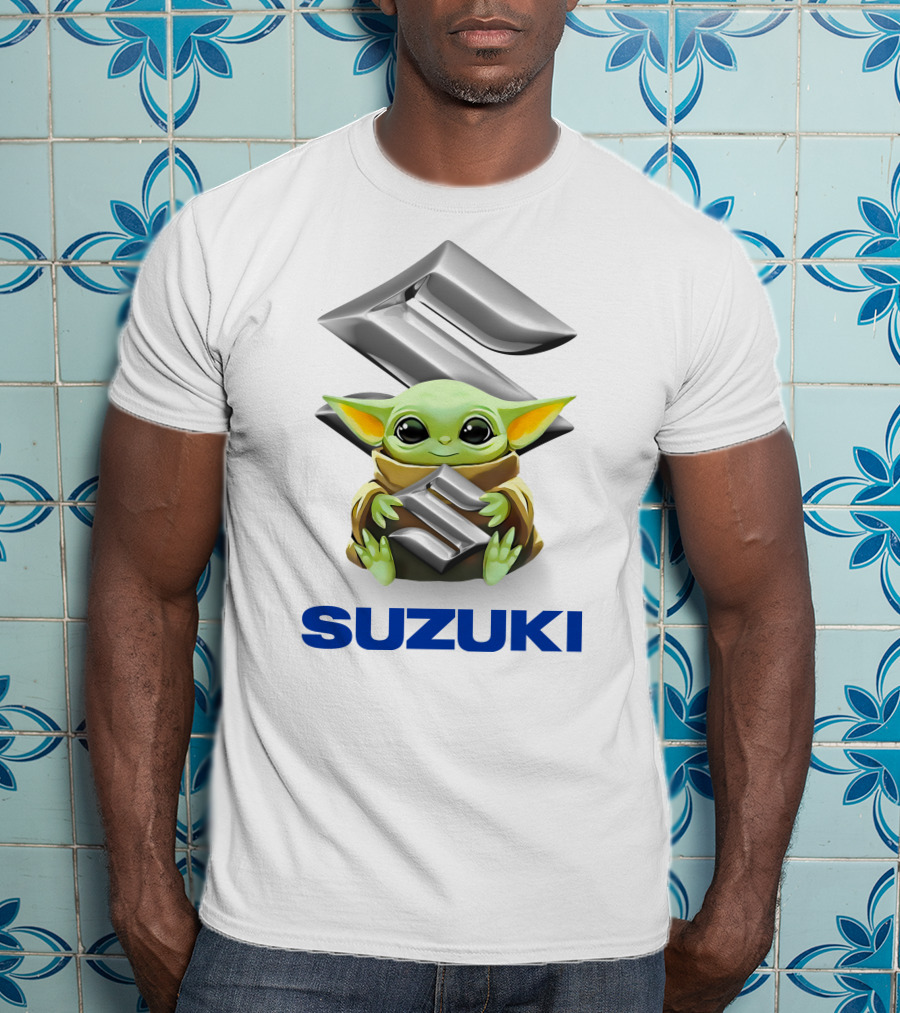 Grogu Hugging Suzuki Logo With Silver Emblem And Brown Cloak T-Shirt