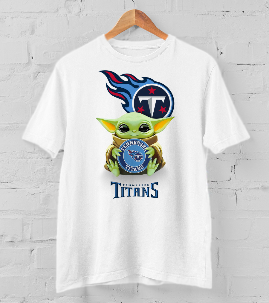 Grogu Holding Tennessee Titans Logo Star Wars Crossover White T-Shirt