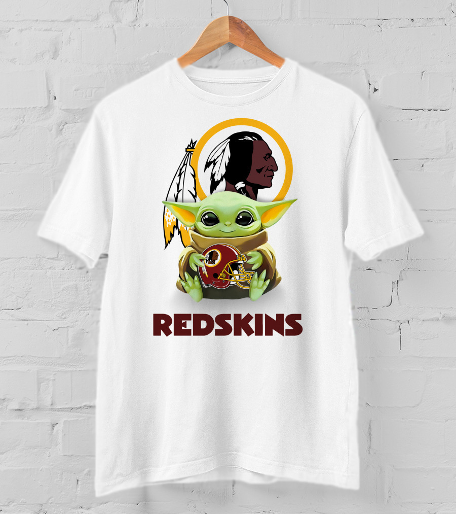 Grogu Hugging Washington Redskins Helmet With Classic Redskins T-Shirt