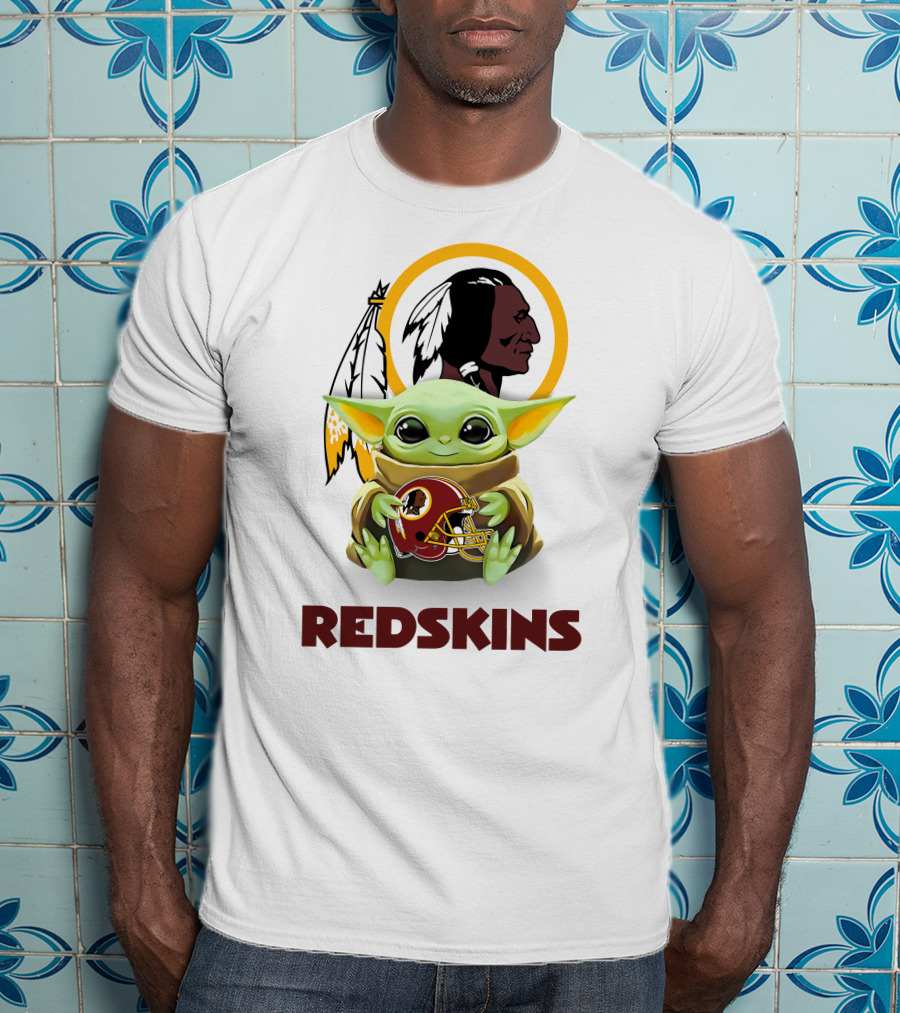 Grogu Hugging Washington Redskins Helmet With Classic Redskins T-Shirt