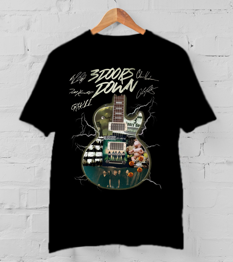 3 Doors Down Guitar Lightning Collage With Band Signatures T-Shirt