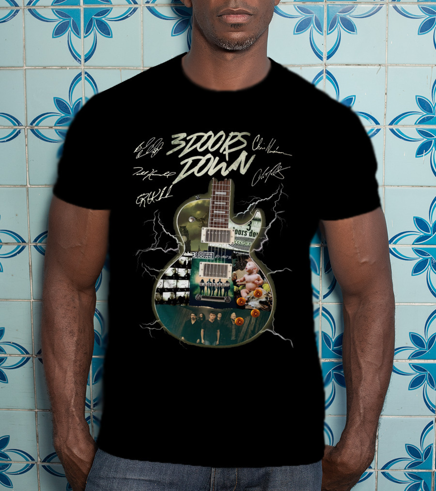 3 Doors Down Guitar Lightning Collage With Band Signatures T-Shirt