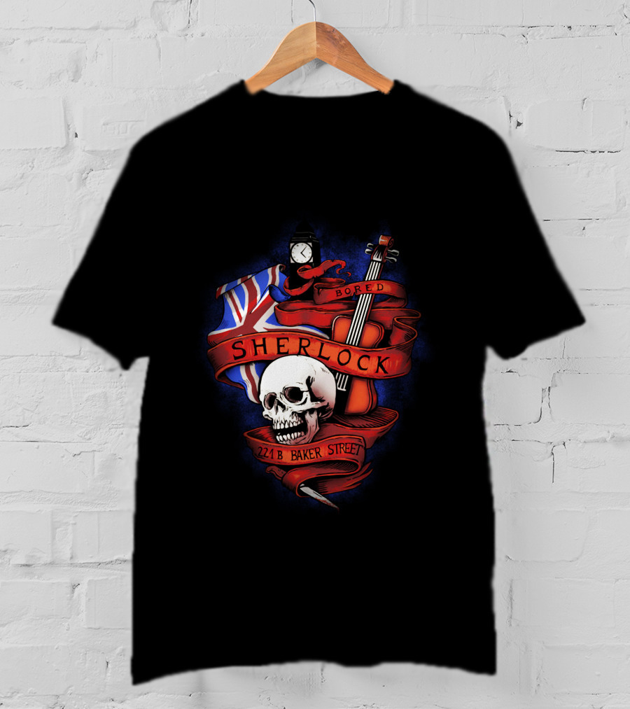 Sherlock Bored Skull Violin Union Jack 221B Baker Street T-Shirt