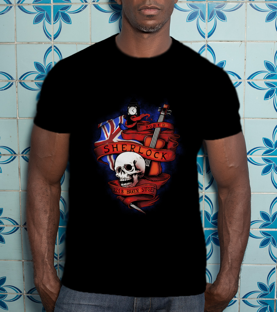Sherlock Bored Skull Violin Union Jack 221B Baker Street T-Shirt