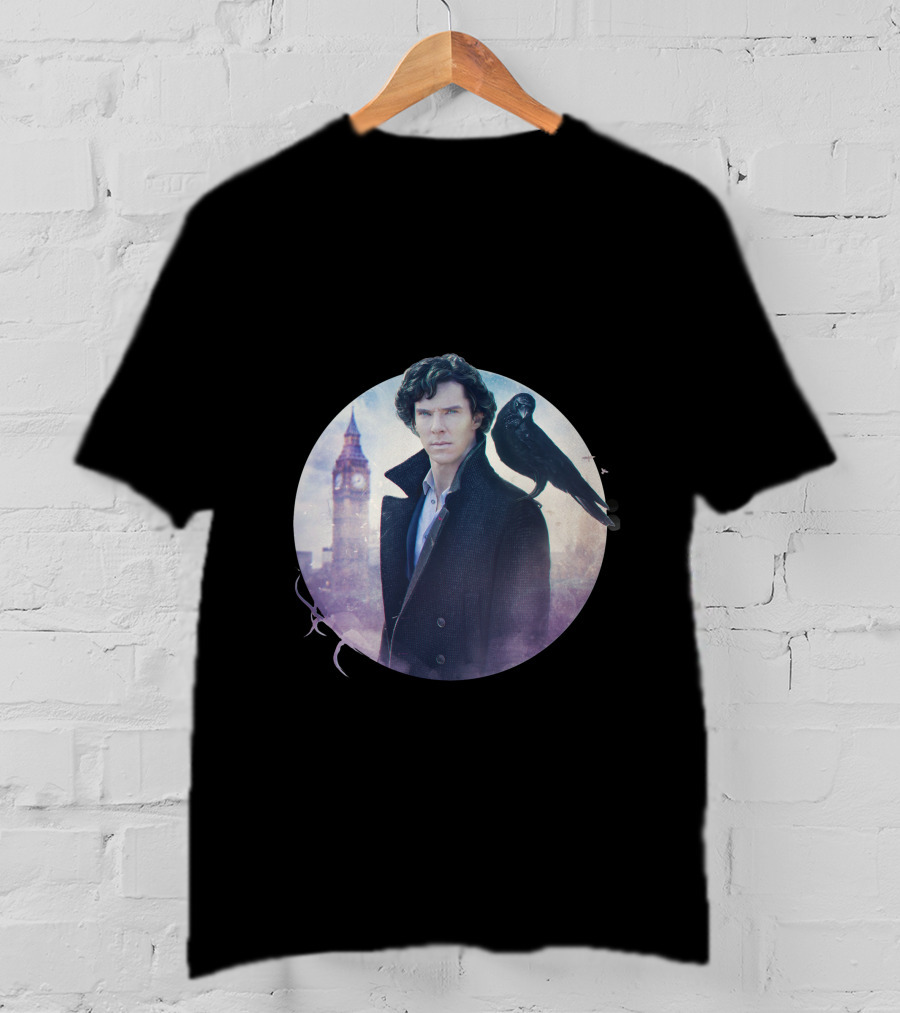 S.H Art Detective Silhouette With Crow And Clock Tower T-Shirt
