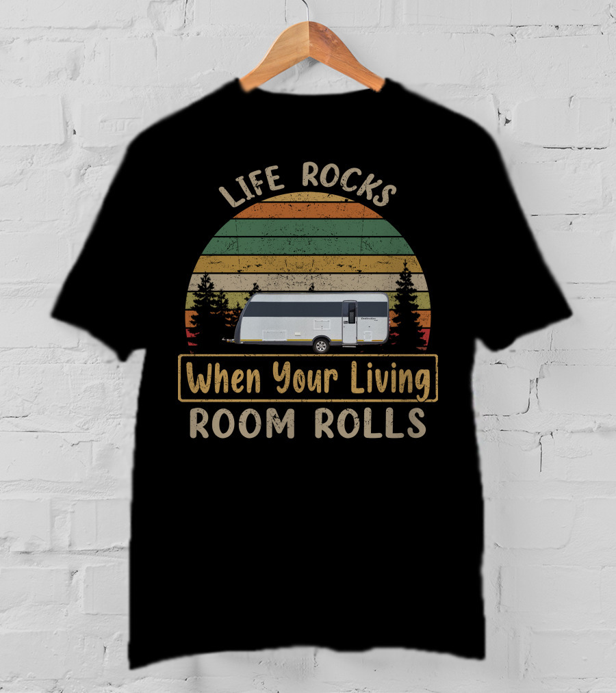 Life Rocks When Your Living Room Rolls Vintage Stripes Caravan Forest T-Shirt