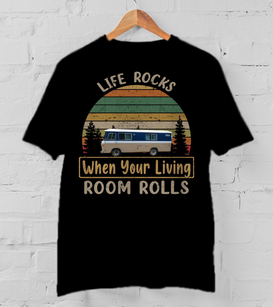 Life Rocks When Your Living Room Rolls Cascade Cortez Vintage Camper Van Retro Stripes T-Shirt