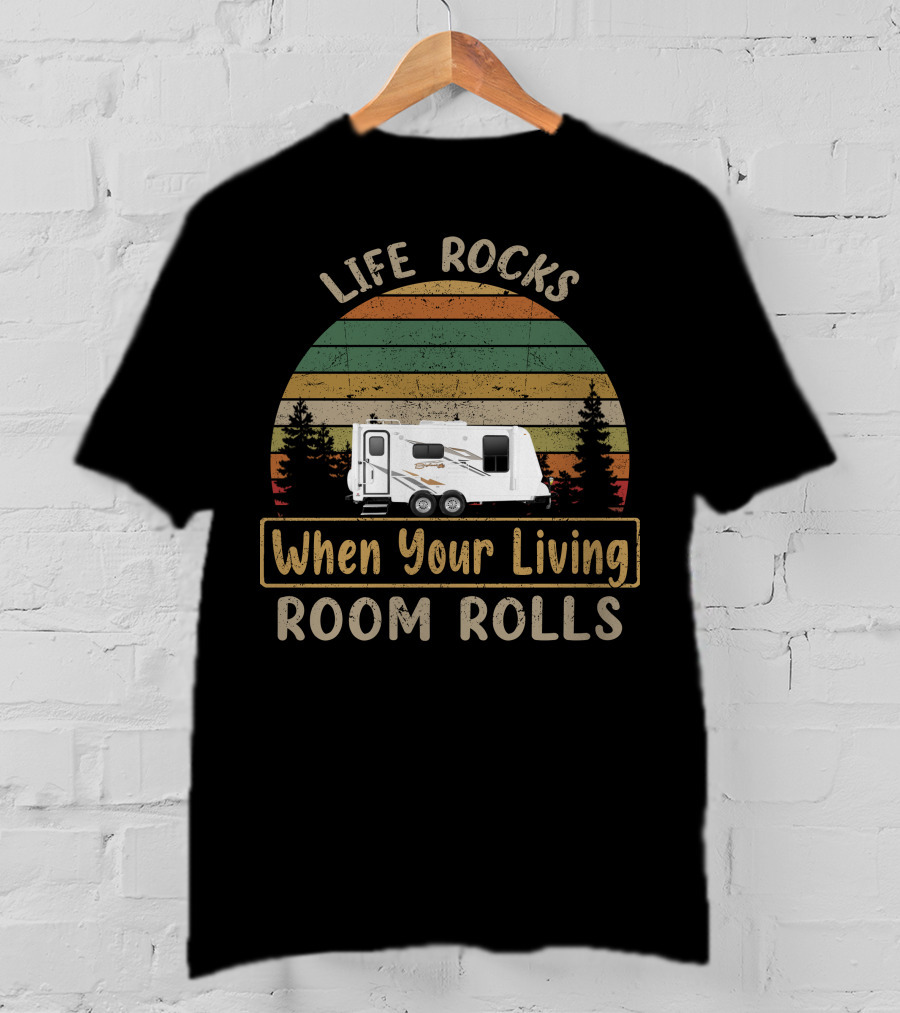 Life Rocks When Your Living Room Rolls Bigfoot RV Vintage Striped Sunset T-Shirt