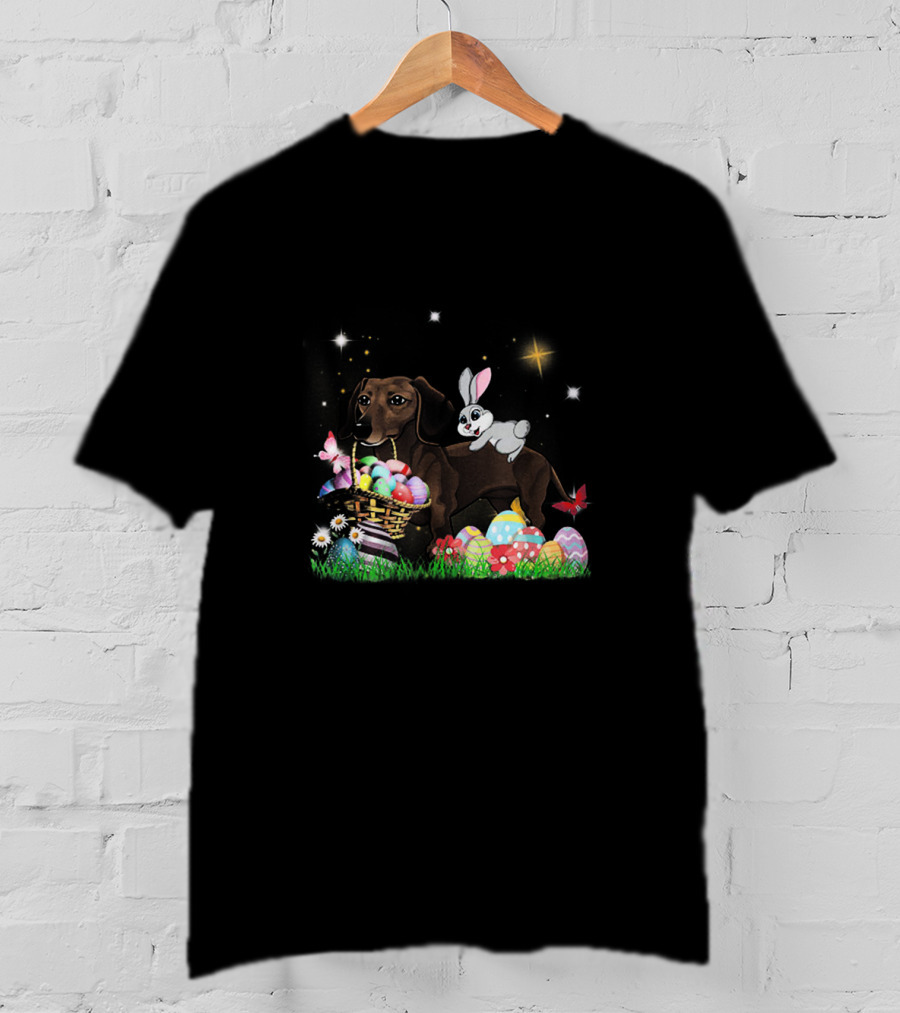 Dachshund With Easter Basket Rabbit And Colorful Eggs Under Stars T-Shirt