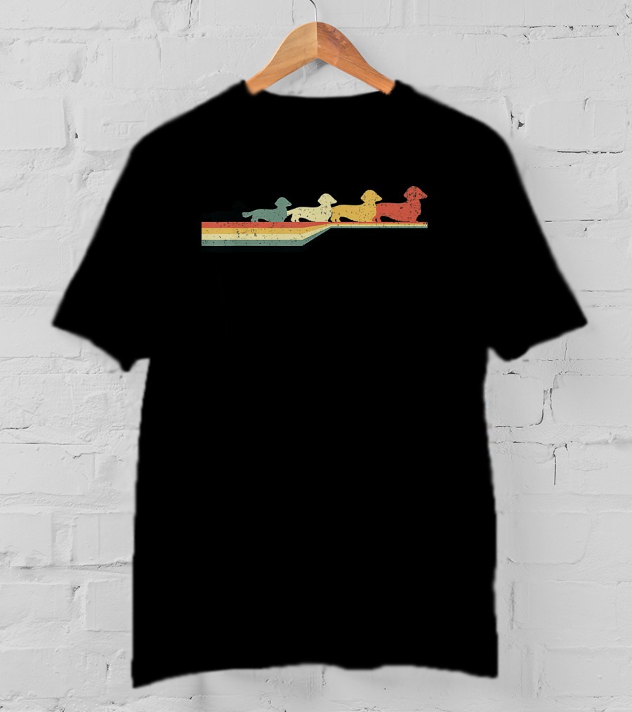 Four Colorful Dachshund Long Hair Silhouettes Retro Vintage 80s T-Shirt