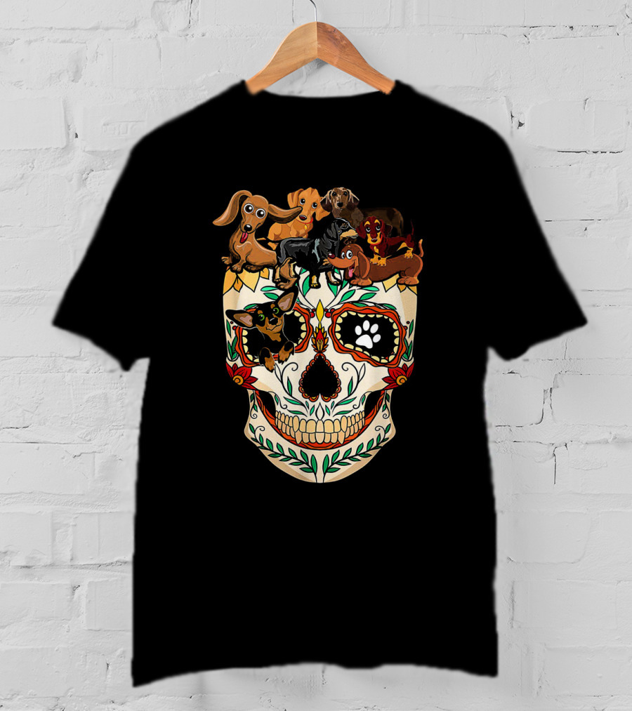 Dachshunds Sugar Skull Dog Mom Dad Funny Colorful Day Of The Dead T-Shirt