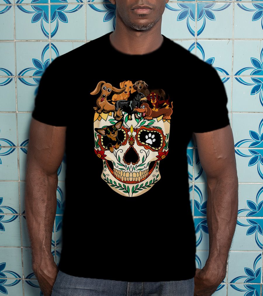 Dachshunds Sugar Skull Dog Mom Dad Funny Colorful Day Of The Dead T-Shirt