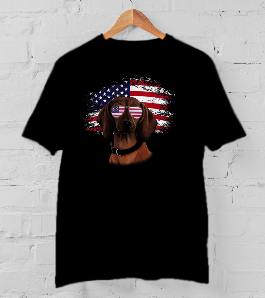 American Flag Dachshund Wearing Patriotic Sunglasses With Flag Background T-Shirt