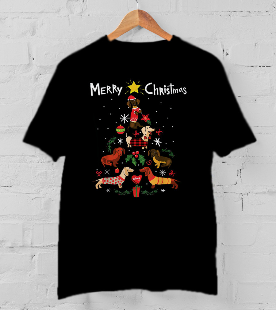 Merry Christmas Funny Dachshund Tree Ornament Decor With Dogs And Presents T-Shirt