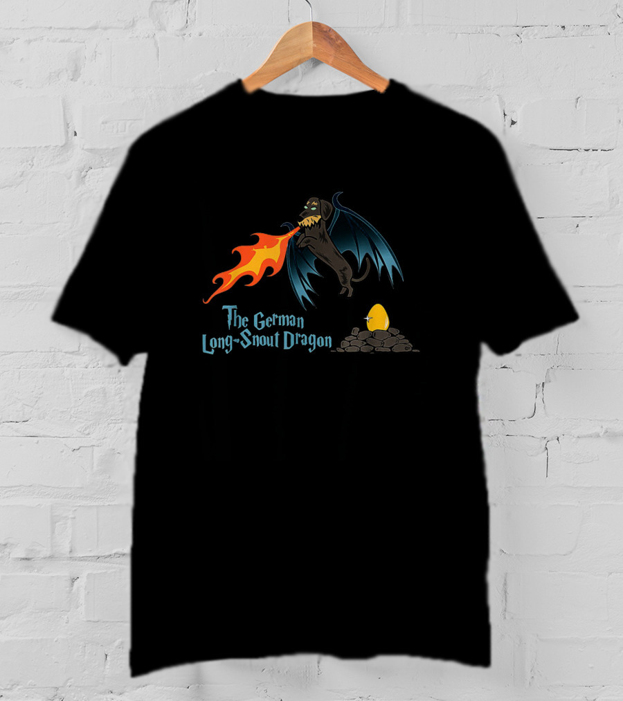 The German Long-Snout Dragon Funny Dachshund Breathing Fire With Wings And Egg T-Shirt