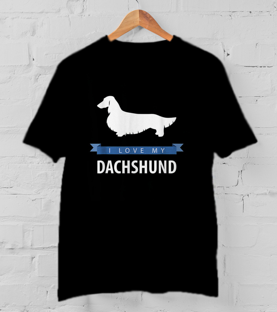I Love My Longhaired Dachshund Silhouette With Blue Banner T-Shirt