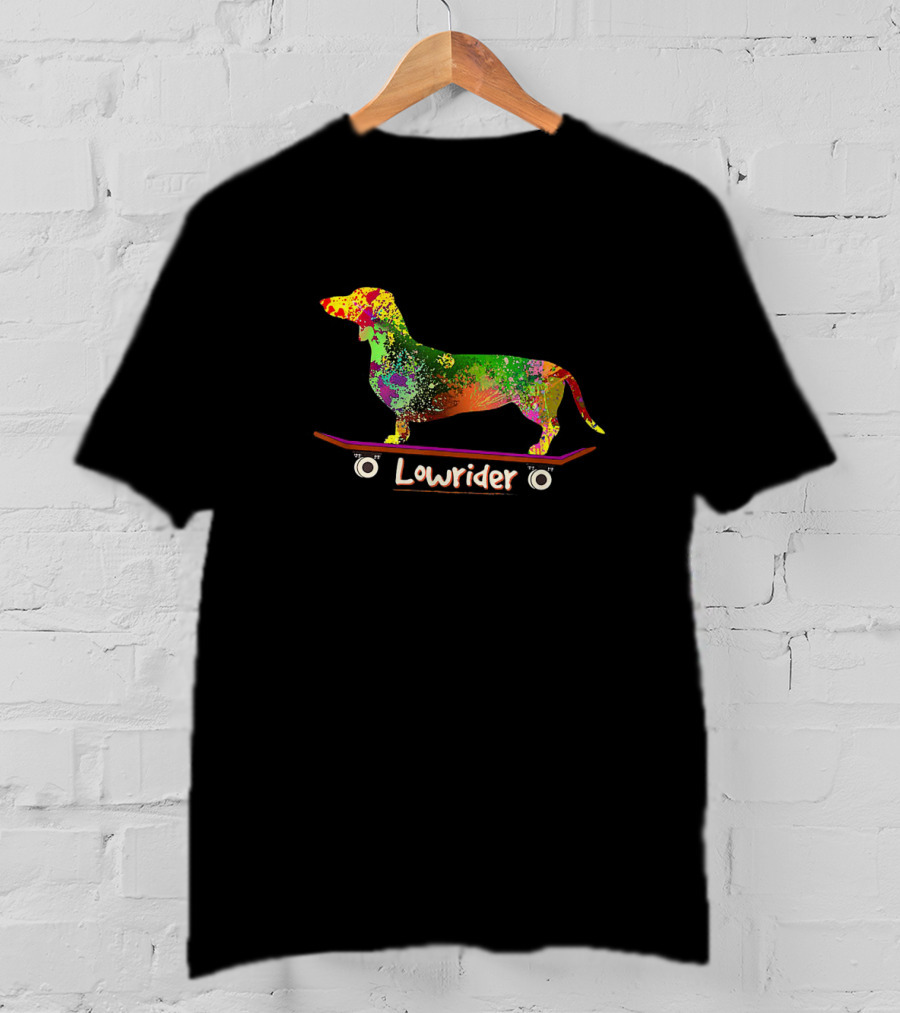 Lowrider Skateboarding Dachshund Weiner Dog In Colorful T-Shirt