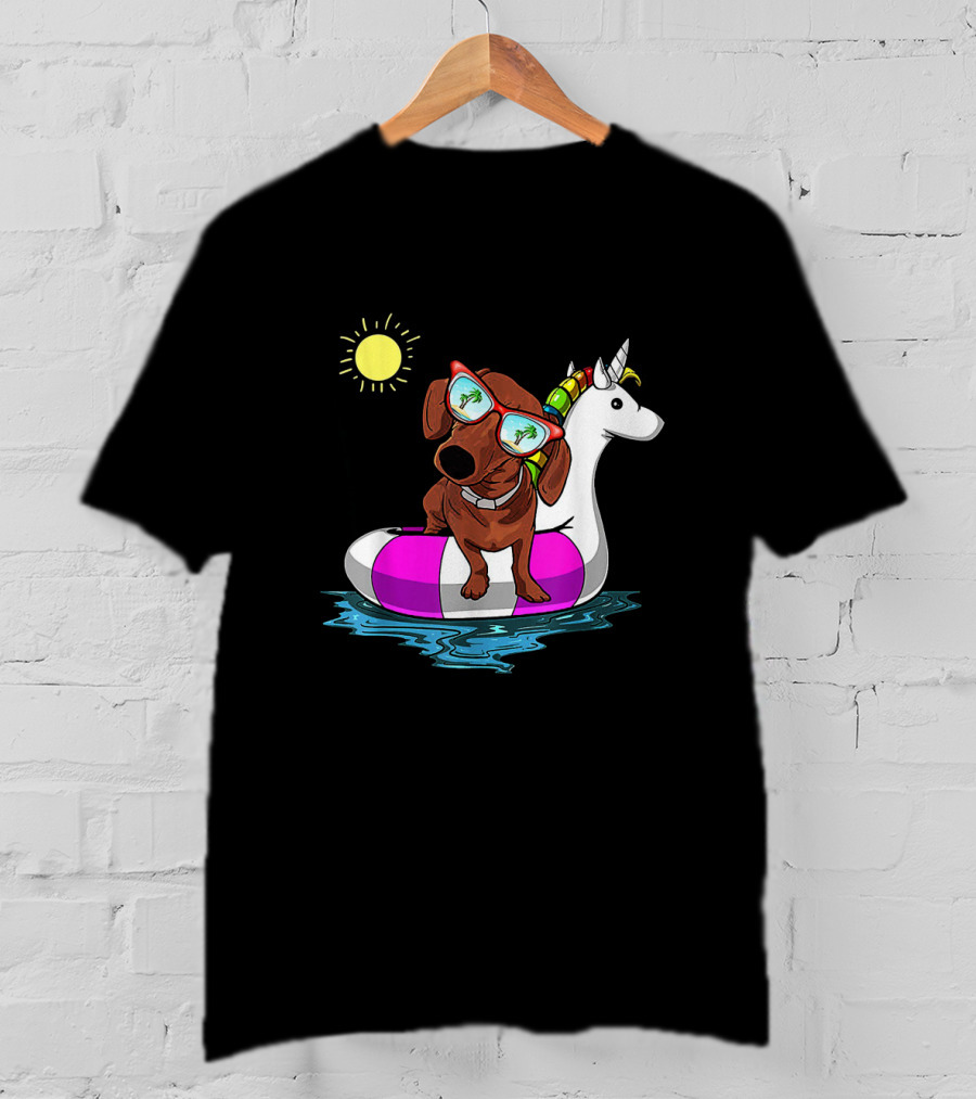 Dachshund On Unicorn Float At Summer Pool Party With Sunglasses And Sun T-Shirt