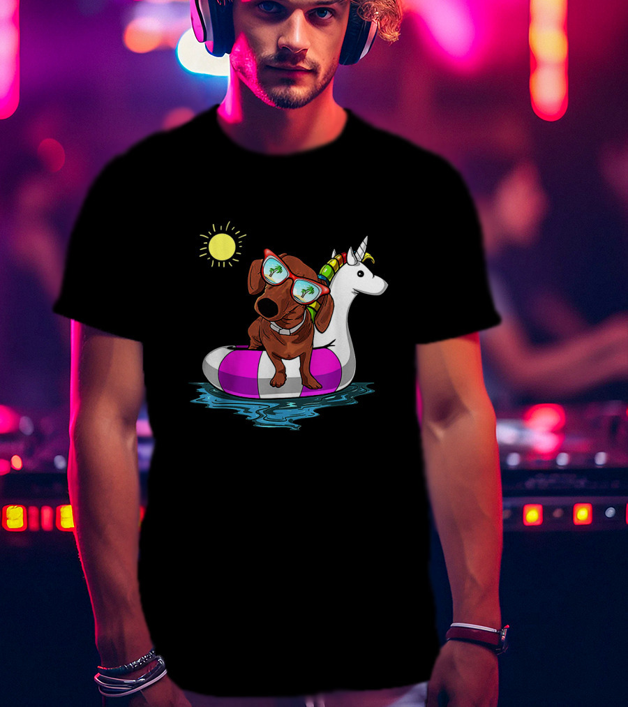 Dachshund On Unicorn Float At Summer Pool Party With Sunglasses And Sun T-Shirt