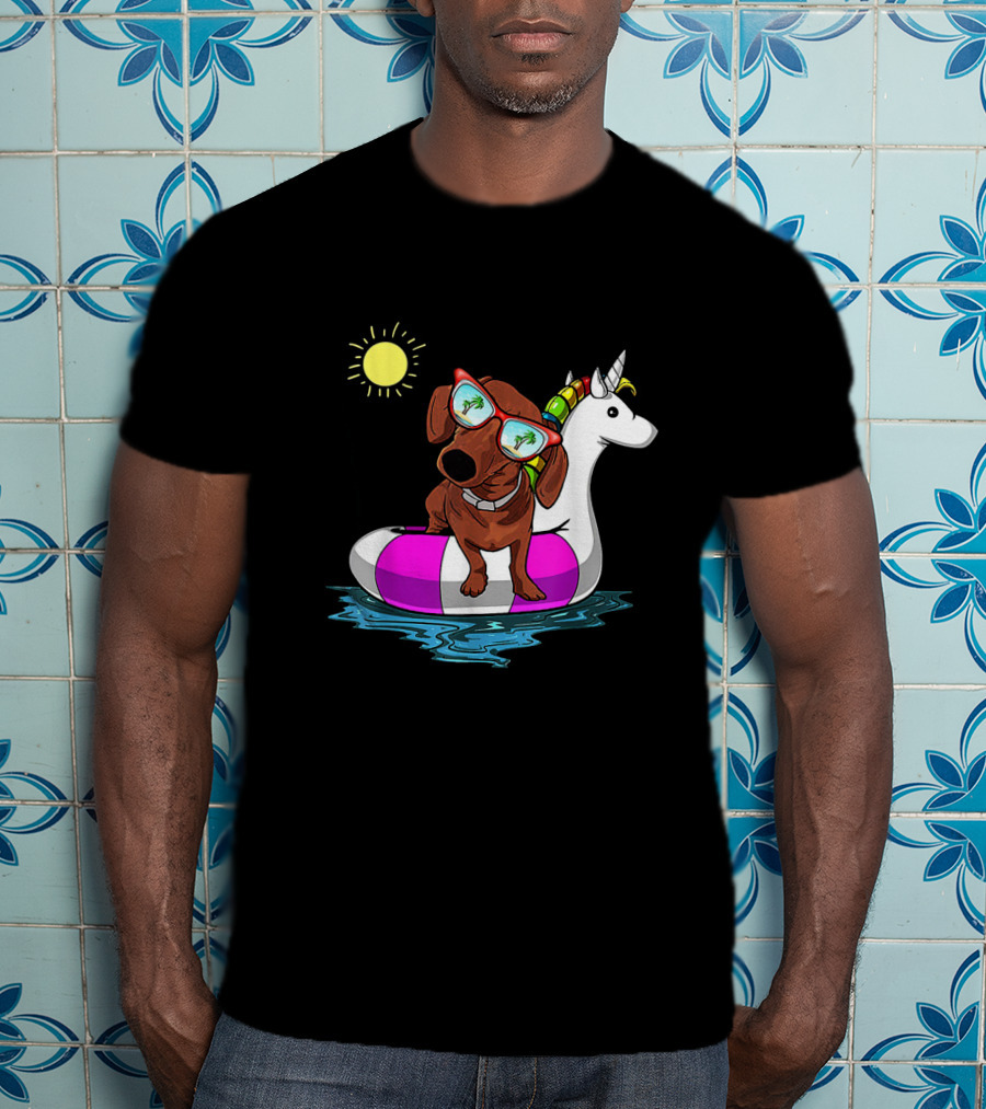 Dachshund On Unicorn Float At Summer Pool Party With Sunglasses And Sun T-Shirt