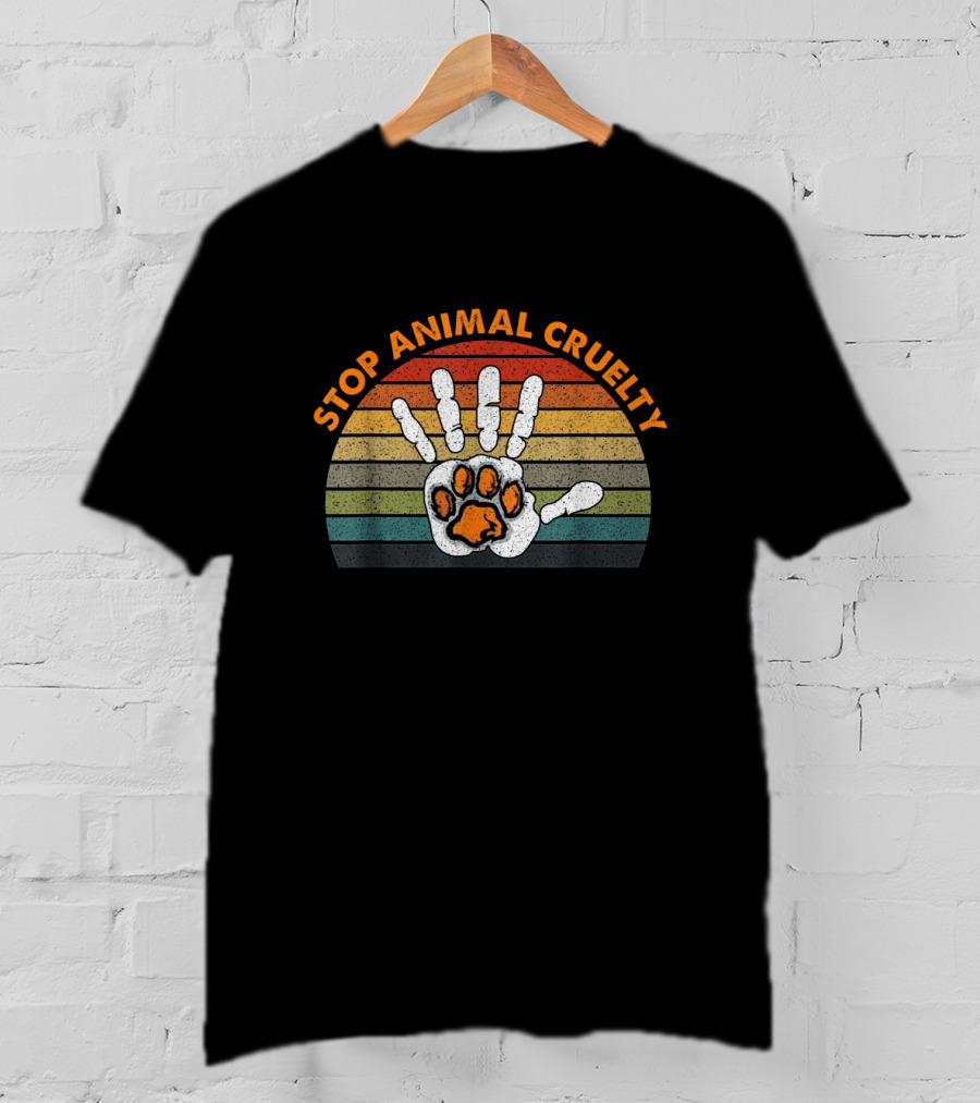 Stop Animal Cruelty Vintage Rainbow Human Hand And Paw Print Vegan Activism T-Shirt