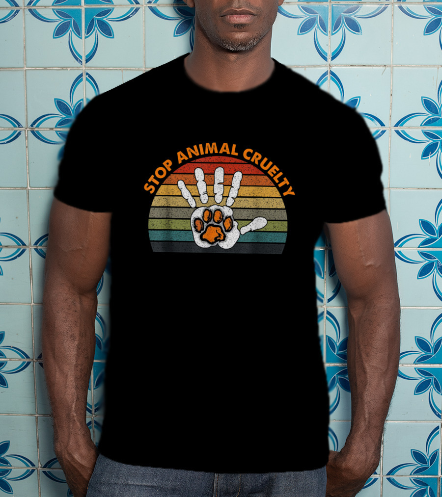 Stop Animal Cruelty Vintage Rainbow Human Hand And Paw Print Vegan Activism T-Shirt