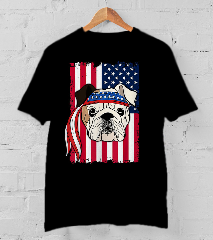 Patriotic Bulldog Wearing Bandana With American Flag Background T-Shirt