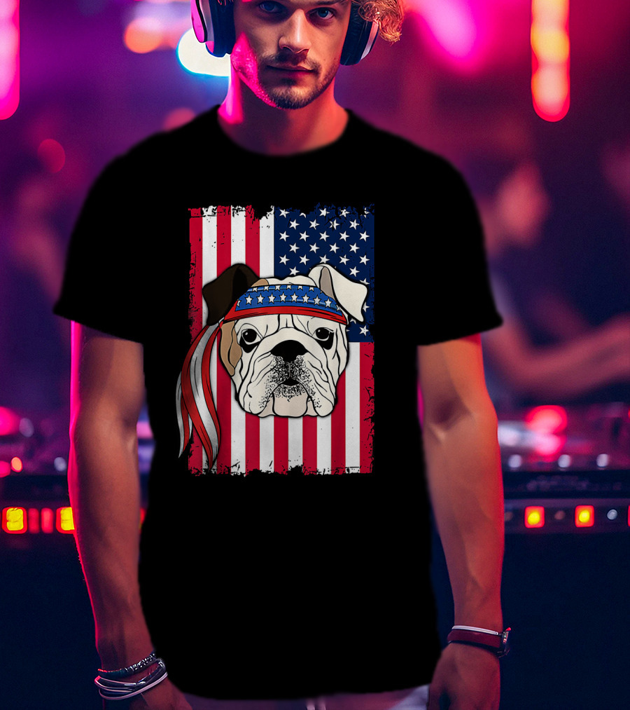 Patriotic Bulldog Wearing Bandana With American Flag Background T-Shirt