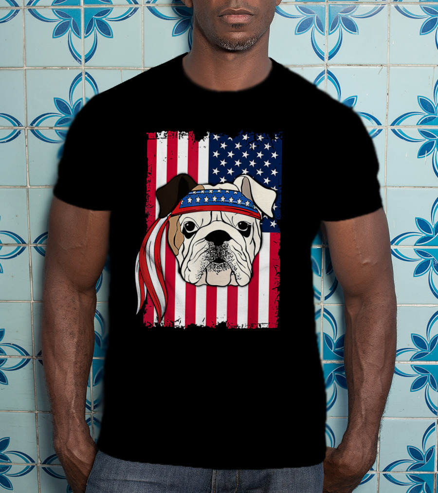 Patriotic Bulldog Wearing Bandana With American Flag Background T-Shirt