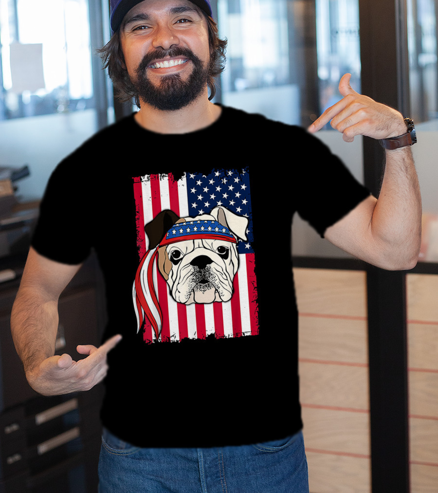 Patriotic Bulldog Wearing Bandana With American Flag Background T-Shirt
