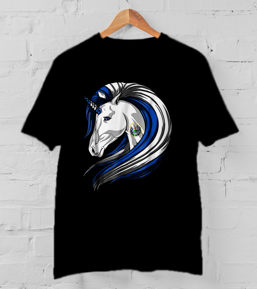 Unicorn With El Salvador Flag Colors And Salvadoran Emblem Mane T-Shirt