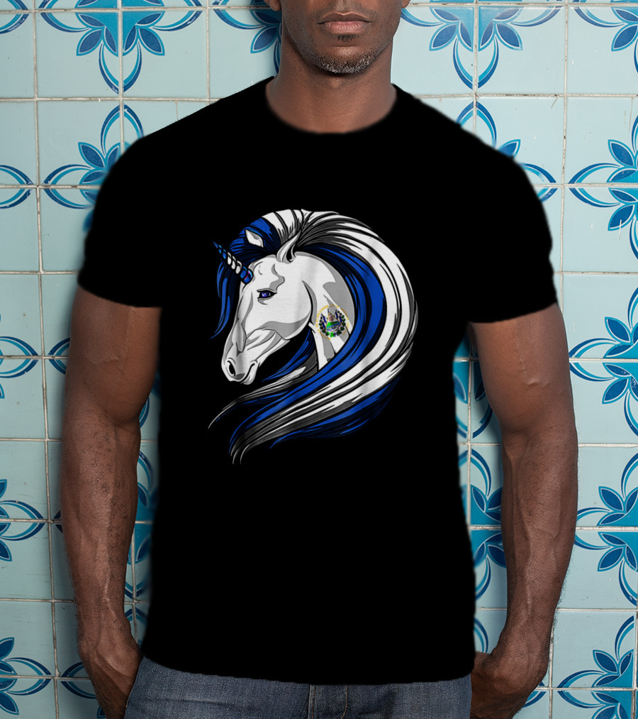 Unicorn With El Salvador Flag Colors And Salvadoran Emblem Mane T-Shirt