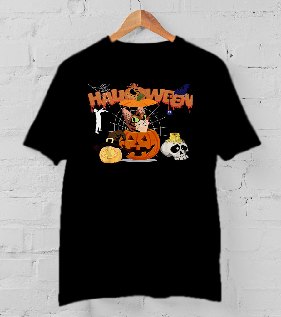 Halloween Bengal Cat Pumpkin Witch Zombie Skull T-Shirt