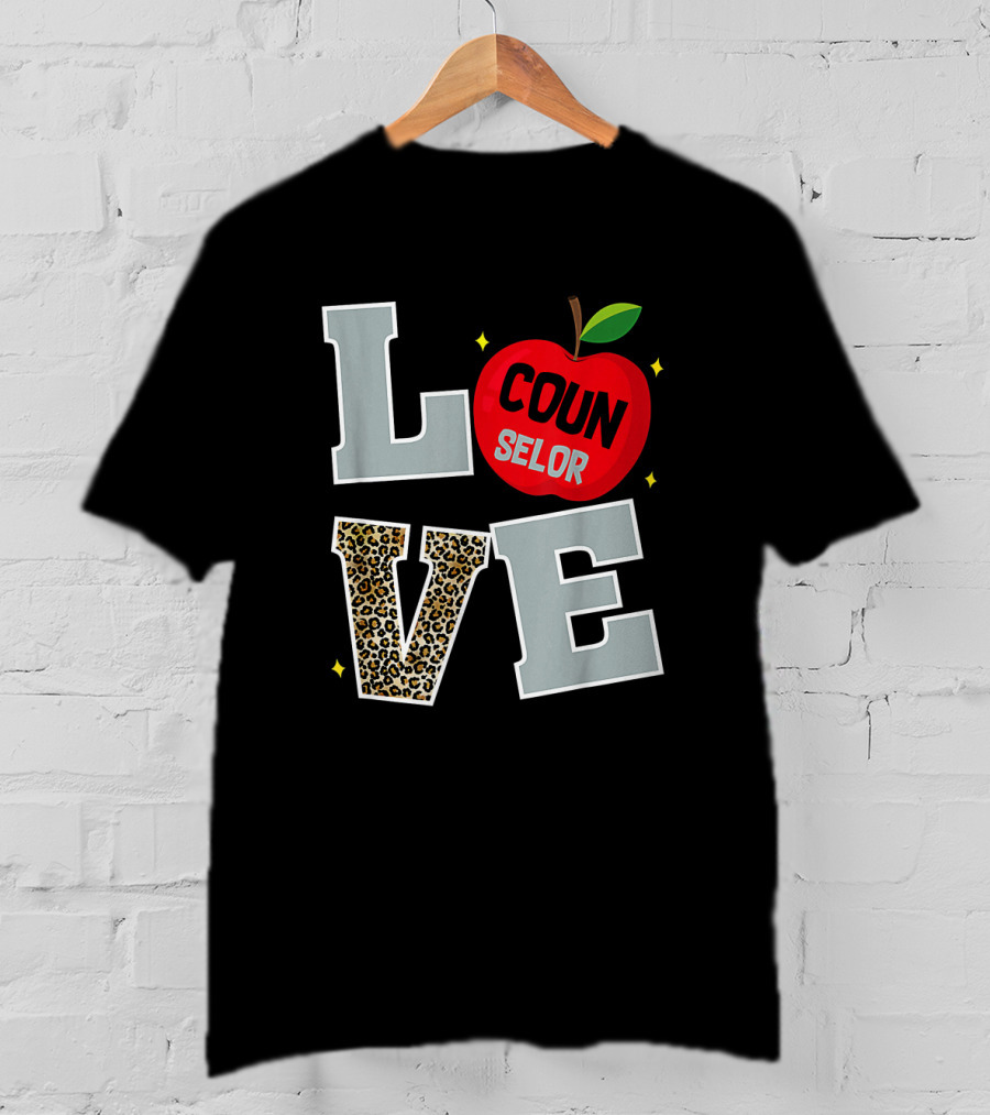 LOVE Counselor Apple Back To School Leopard Print Teacher T-Shirt