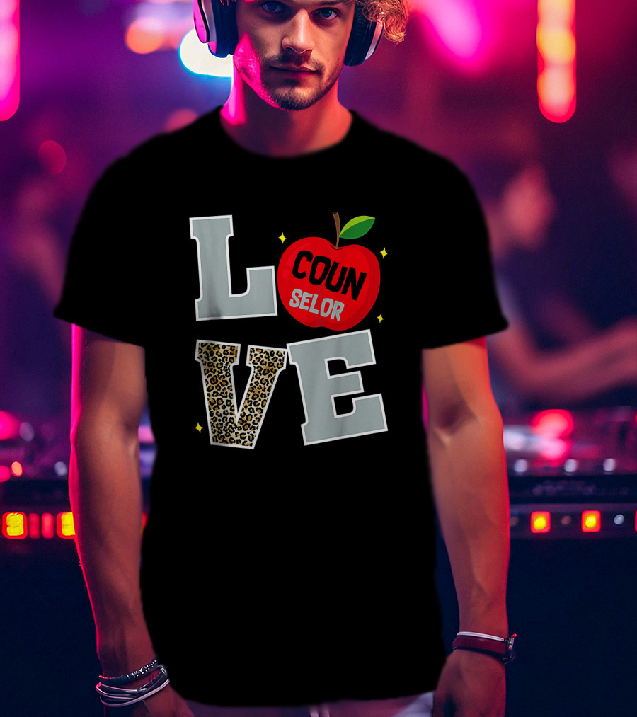 LOVE Counselor Apple Back To School Leopard Print Teacher T-Shirt