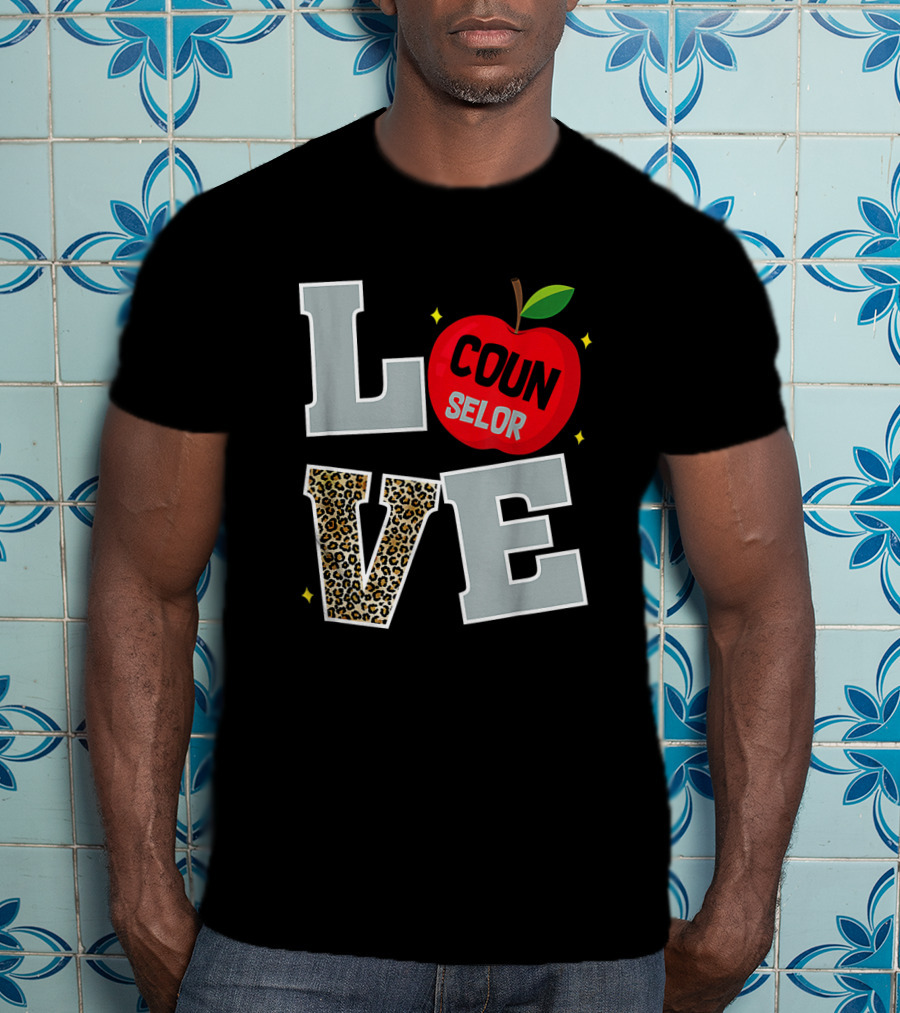 LOVE Counselor Apple Back To School Leopard Print Teacher T-Shirt