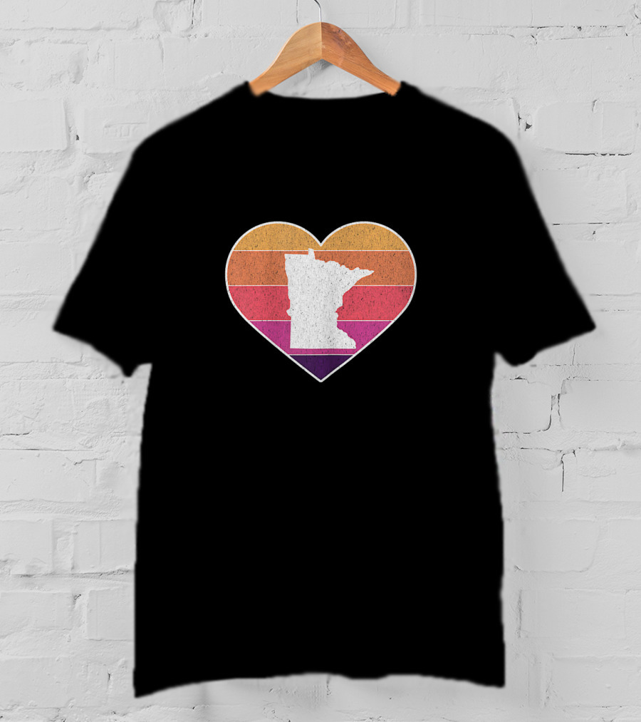 Minnesota Love Heart With State Silhouette On Vintage Stripes T-Shirt