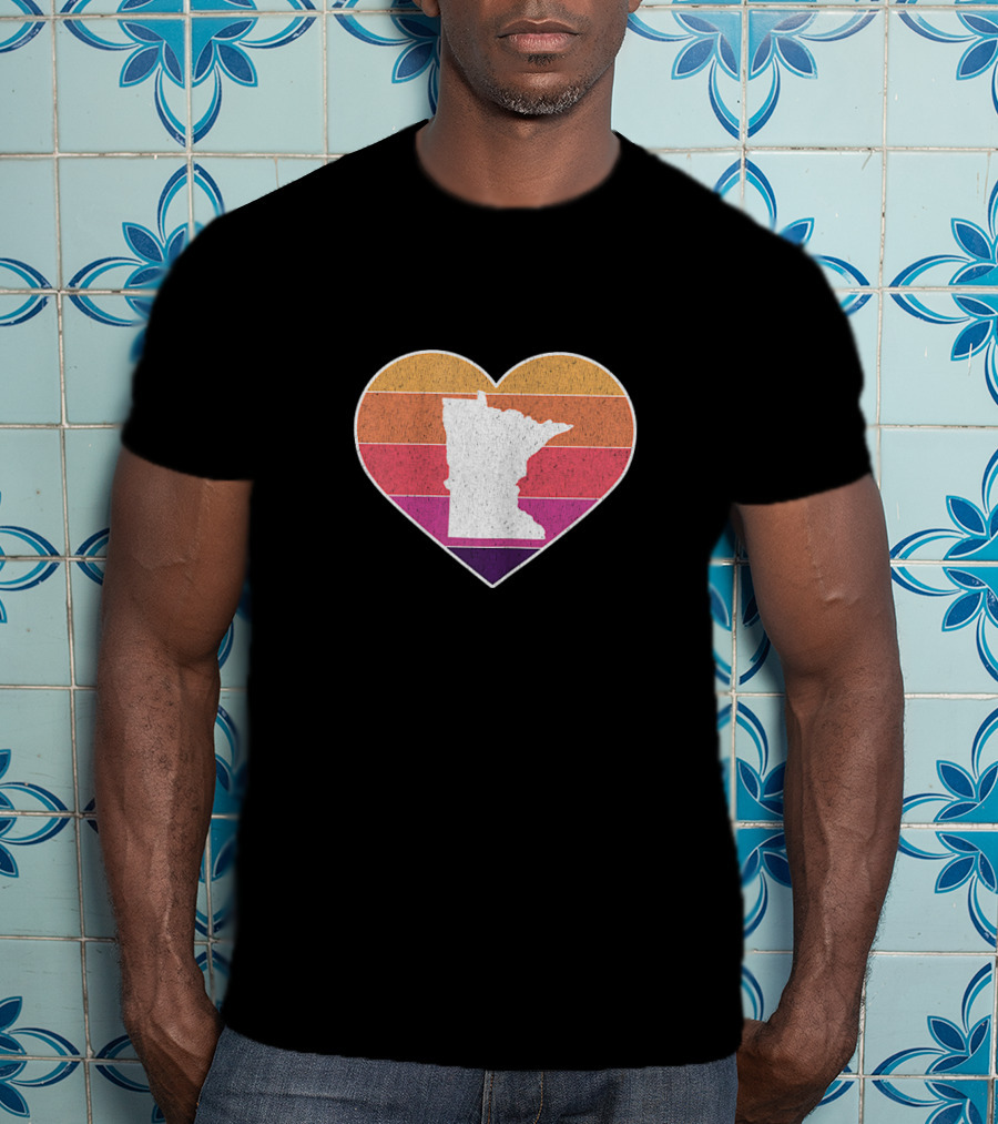 Minnesota Love Heart With State Silhouette On Vintage Stripes T-Shirt