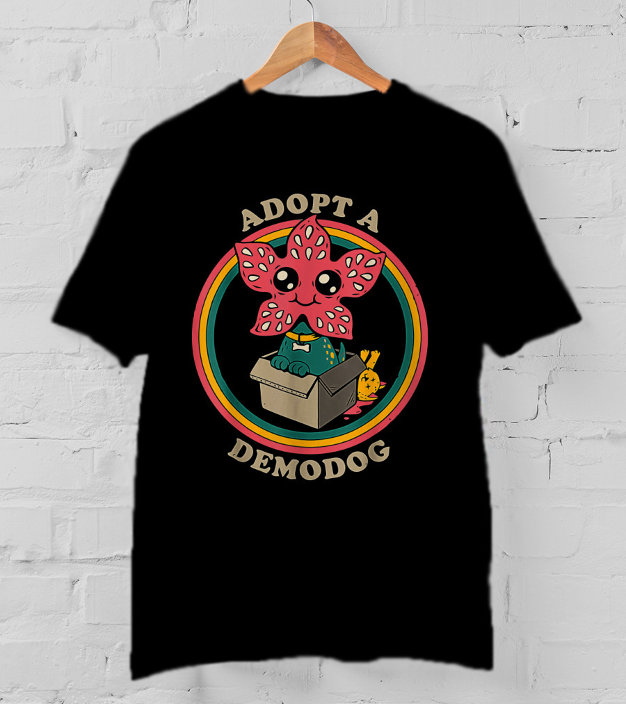 Adopt A DemoDog Cute Flower-Faced Creature In Box With Rainbow Circle T-Shirt