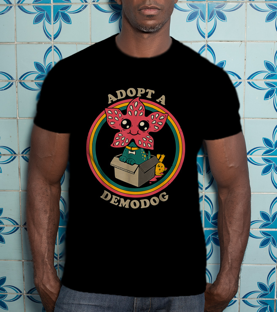 Adopt A DemoDog Cute Flower-Faced Creature In Box With Rainbow Circle T-Shirt