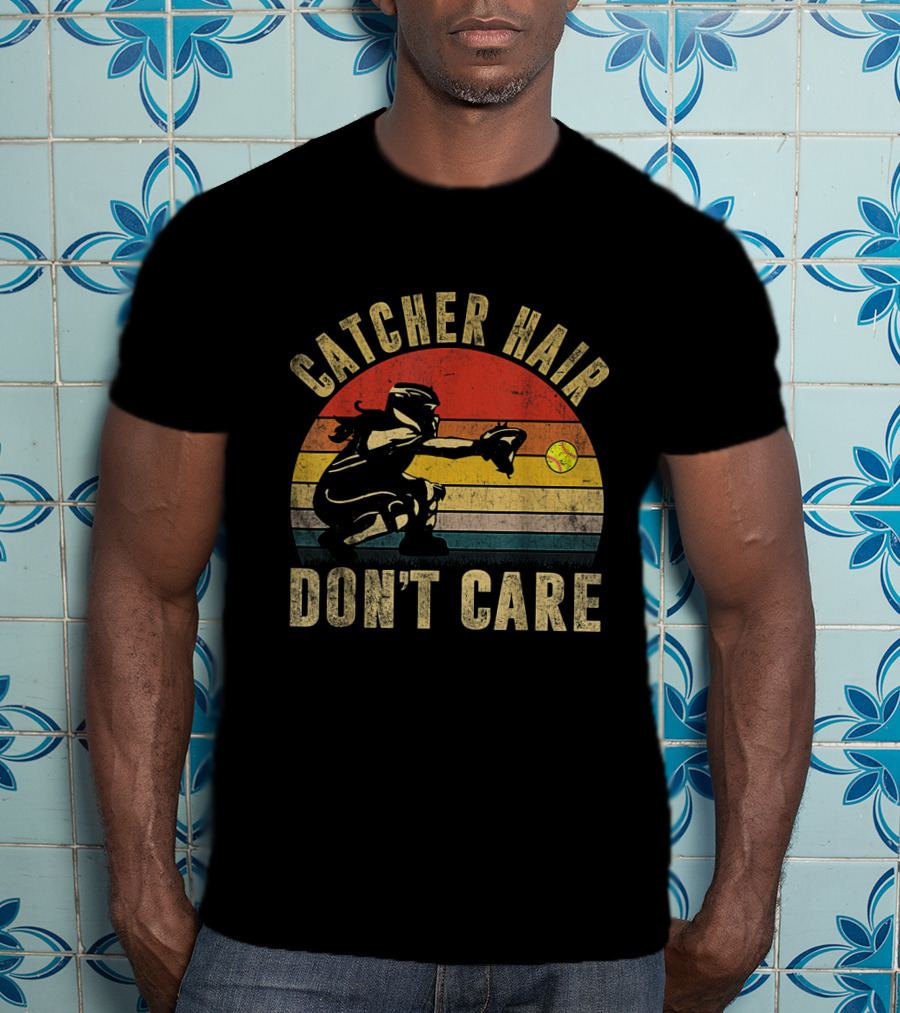 Catcher Hair Don't Care Retro Softball Catcher Girls T-Shirt