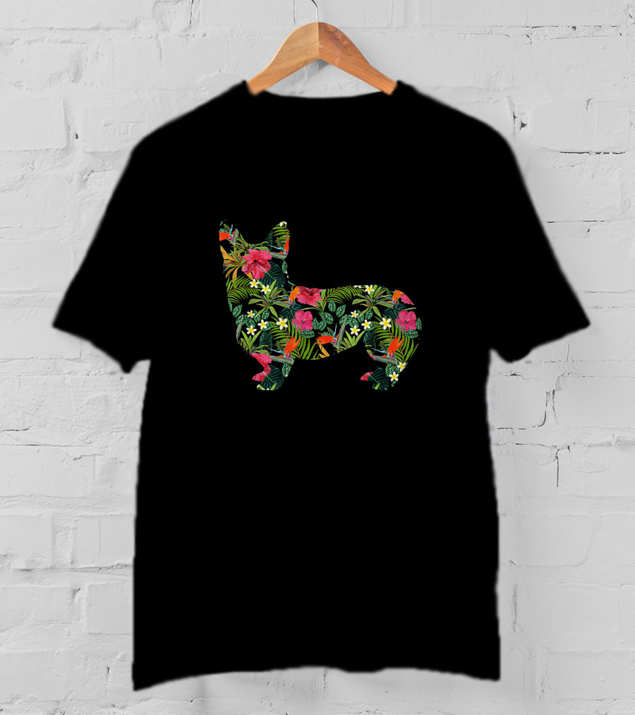 Corgi Floral Hawaiian Dog In Tropical Flowers And Leaves Print T-Shirt