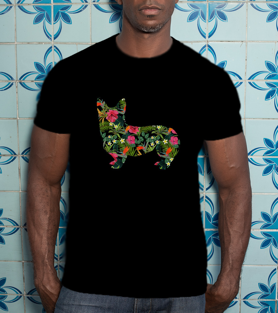 Corgi Floral Hawaiian Dog In Tropical Flowers And Leaves Print T-Shirt