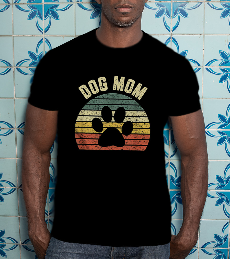 Dog Mom Vintage Striped Paw Prints T-Shirt