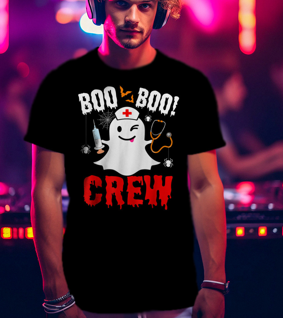 Boo Boo Crew Nurse Ghost Halloween Spiders Bats Stethoscope T-Shirt