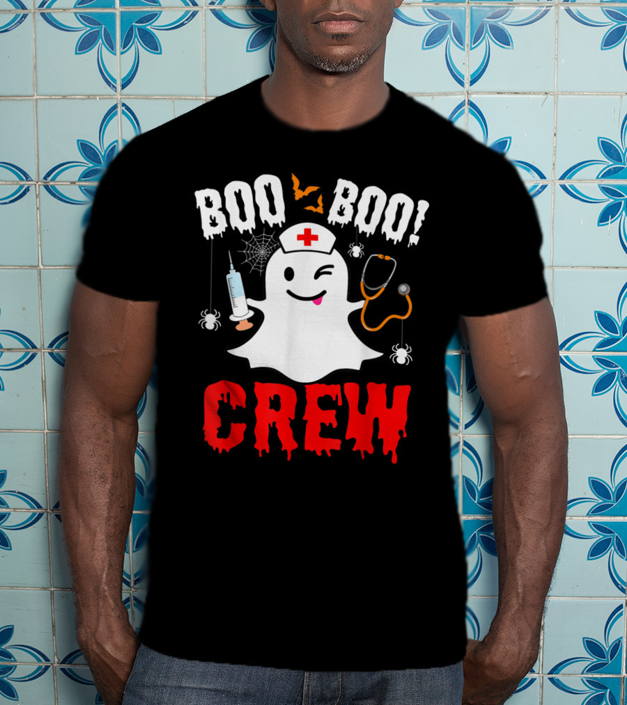 Boo Boo Crew Nurse Ghost Halloween Spiders Bats Stethoscope T-Shirt