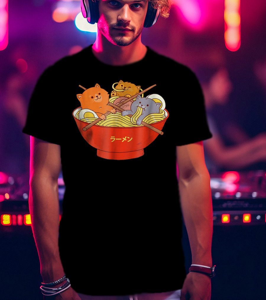 Kawaii Anime Cat Ramen Noodles In Red Bowl With Japanese Text T-Shirt